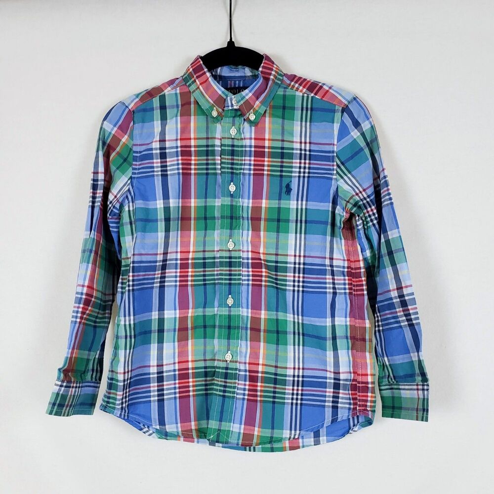 Polo Ralph Lauren Natural Stretch Plaid Button Down Shirt Boys 7 Blue Preppy